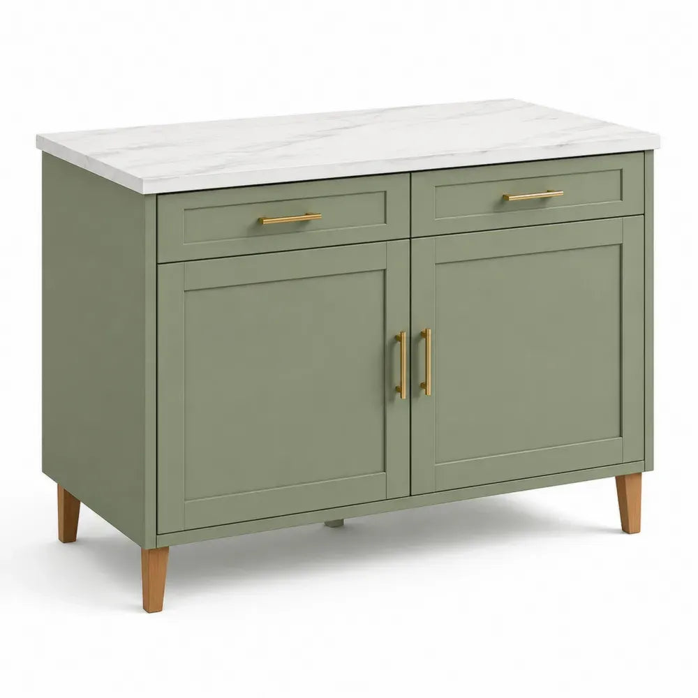 Aparador de cocina y comedor en MDF verde oliva con encimera efecto mármol blanco y patas de madera 120 x 40 x 80 cm