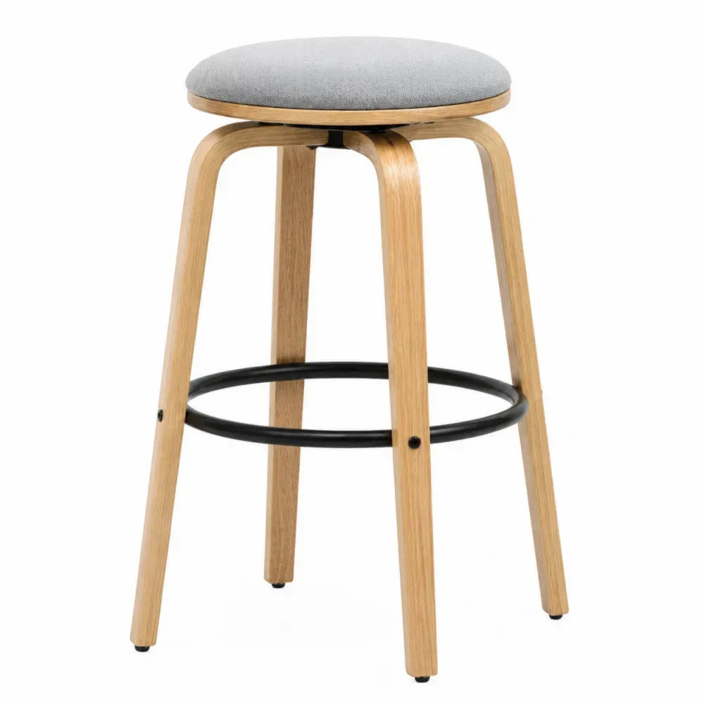 Taburete de bar redondo sin respaldo con asiento tapizado gris estructura de madera curvada natural reposapiés metálico negro 45 x 45 x 65 cm
