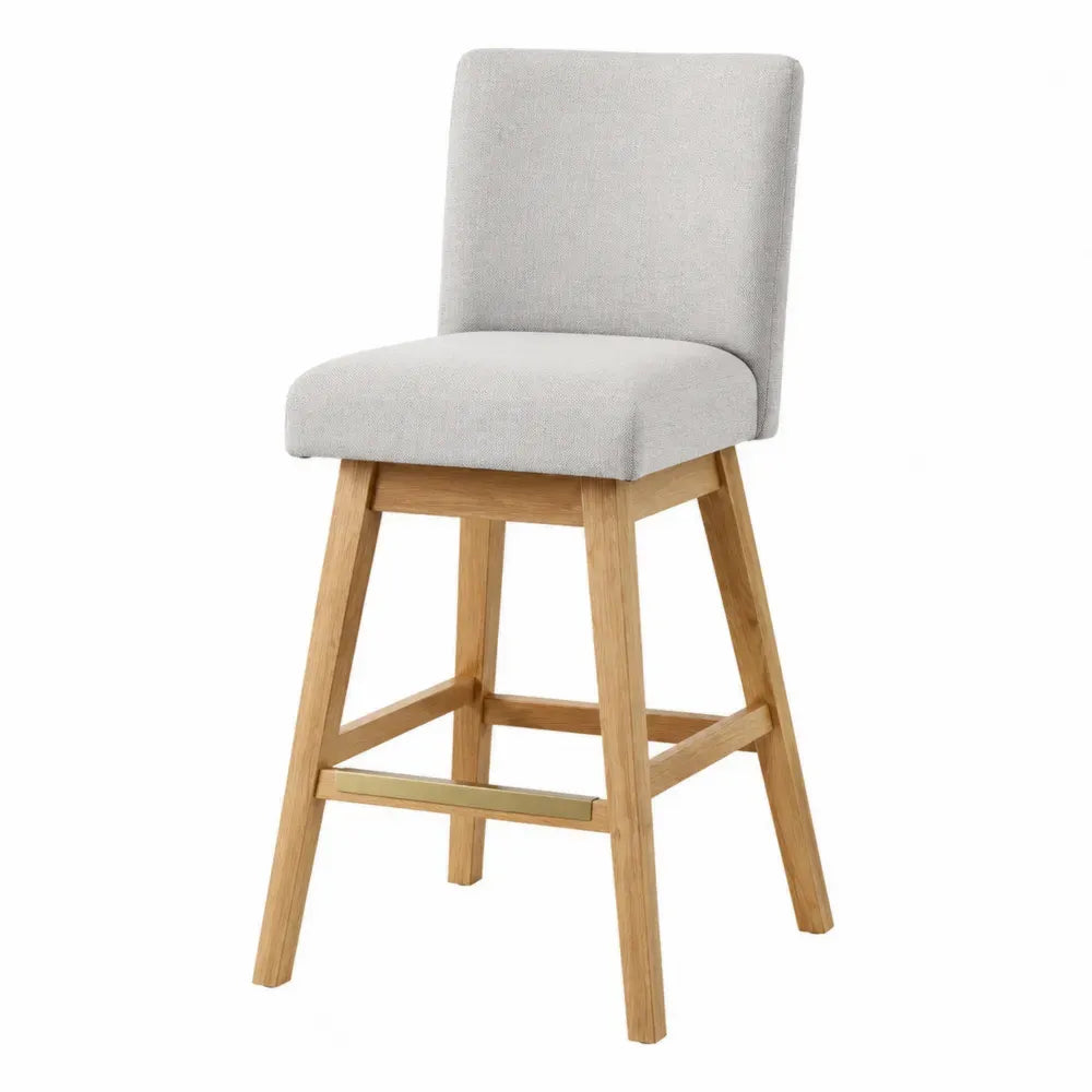 Taburete de bar con respaldo rectangular asiento acolchado tela gris claro estructura de madera natural y reposapiés dorado 45 x 50 x 95 cm