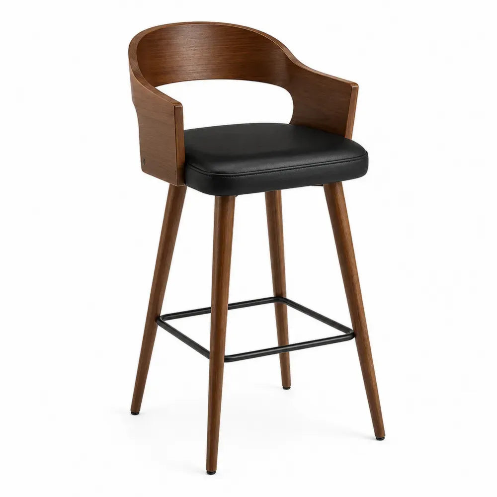 Taburete de bar con respaldo curvo y reposabrazos asiento acolchado negro estructura de madera marrón y reposapiés negro 50 x 55 x 95 cm