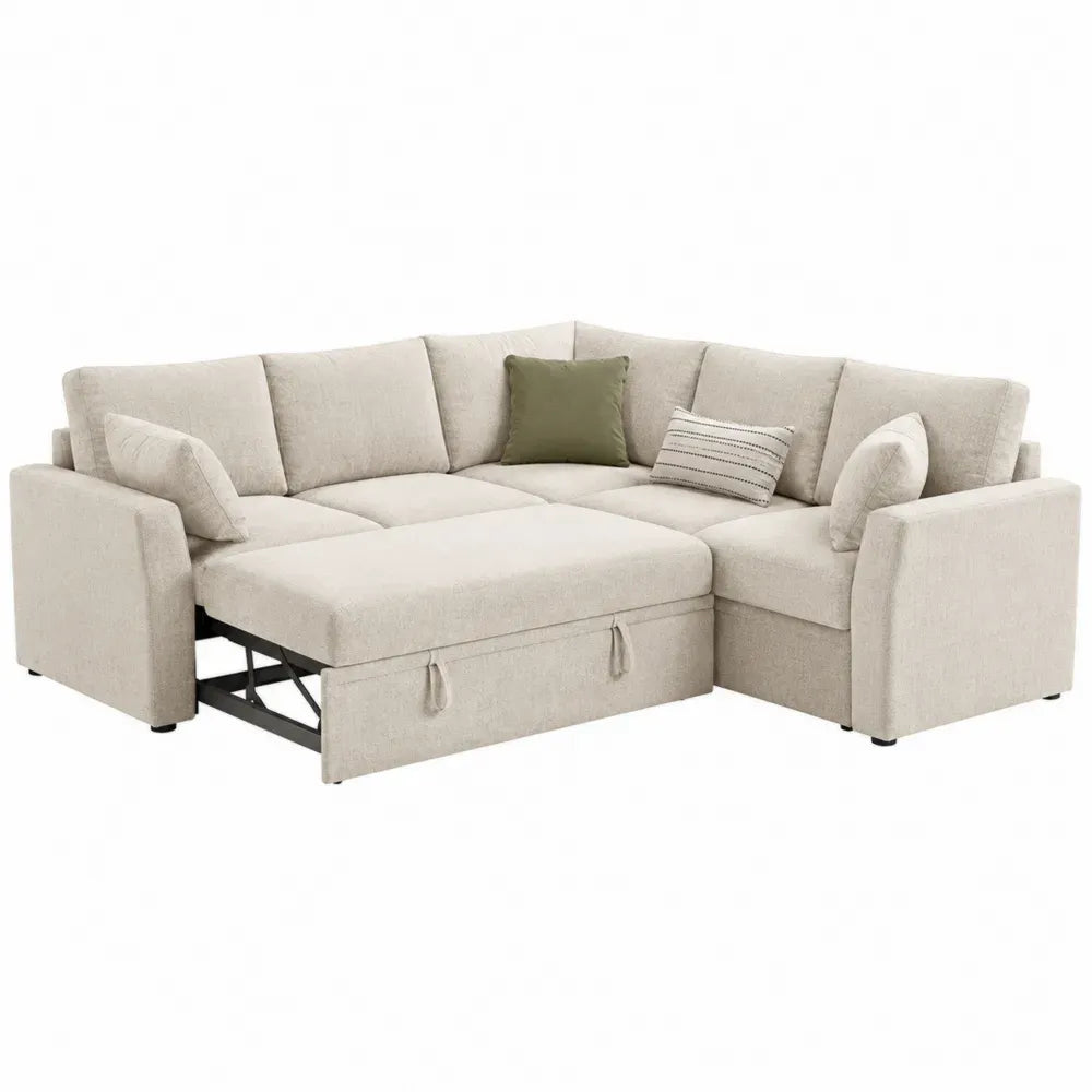 sofá cama esquinero en L de 260 cm tapizado en tejido beige con chaise longue estructura de madera contrachapada sistema extensible y almacenamiento