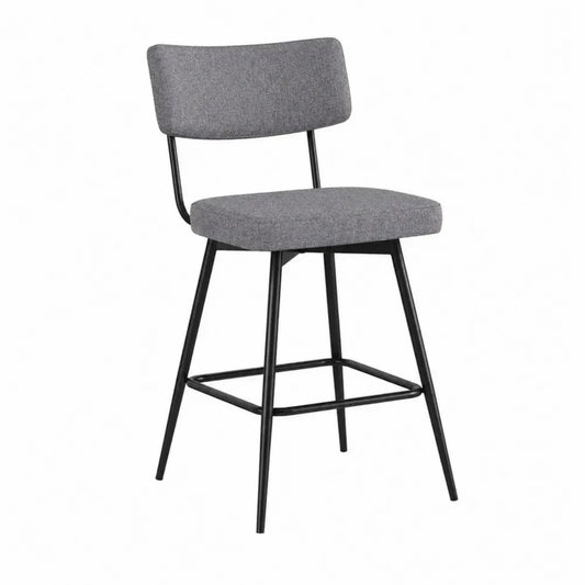 Taburete de bar tapizado gris con respaldo estructura metálica negra reposapiés integrado estilo moderno 45 x 50 x 95 cm
