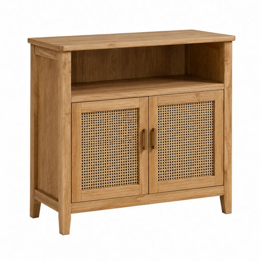 Aparador de madera con puertas de ratán natural y estante abierto estilo nórdico 120 x 40 x 85 cm color madera natural