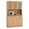 Aparador alto rectangular con 6 puertas 1 cajón MDF acabado roble claro paneles de ratán tiradores negros 120 x 40 x 180 cm