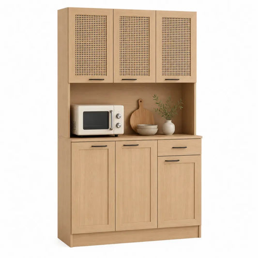 Aparador alto rectangular con 6 puertas 1 cajón MDF acabado roble claro paneles de ratán tiradores negros 120 x 40 x 180 cm