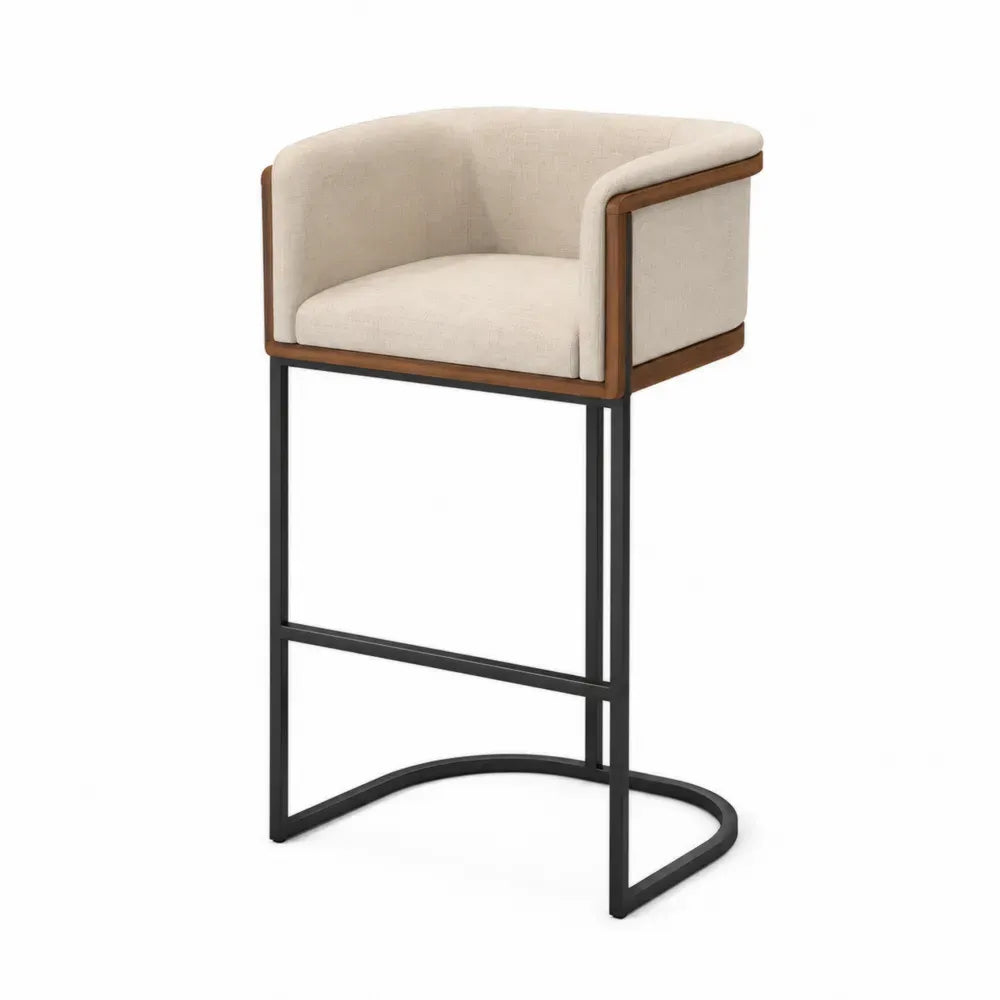 Taburete de bar alto con respaldo y reposabrazos tapizado beige estructura de acero negra marco de madera marrón 50 x 52 x 95 cm