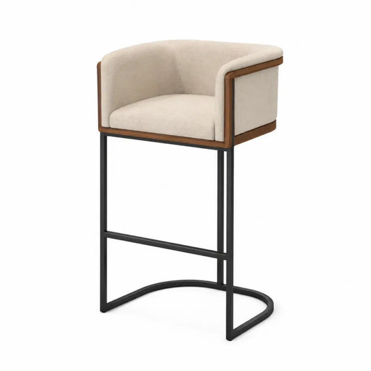 Taburete de bar alto con respaldo y reposabrazos tapizado beige estructura de acero negra marco de madera marrón 50 x 52 x 95 cm