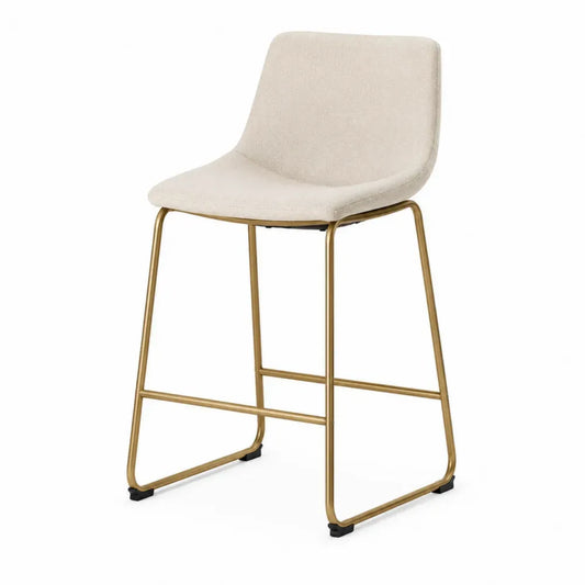 Taburete de bar tapizado en tejido beige con estructura metálica dorada asiento acolchado respaldo curvado 45 cm x 50 cm x 95 cm