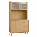 Aparador vertical de cocina y comedor de MDF con chapa roble claro vitrina de vidrio estriado patas de madera maciza 120 cm x 40 cm x 180 cm roble claro dorado