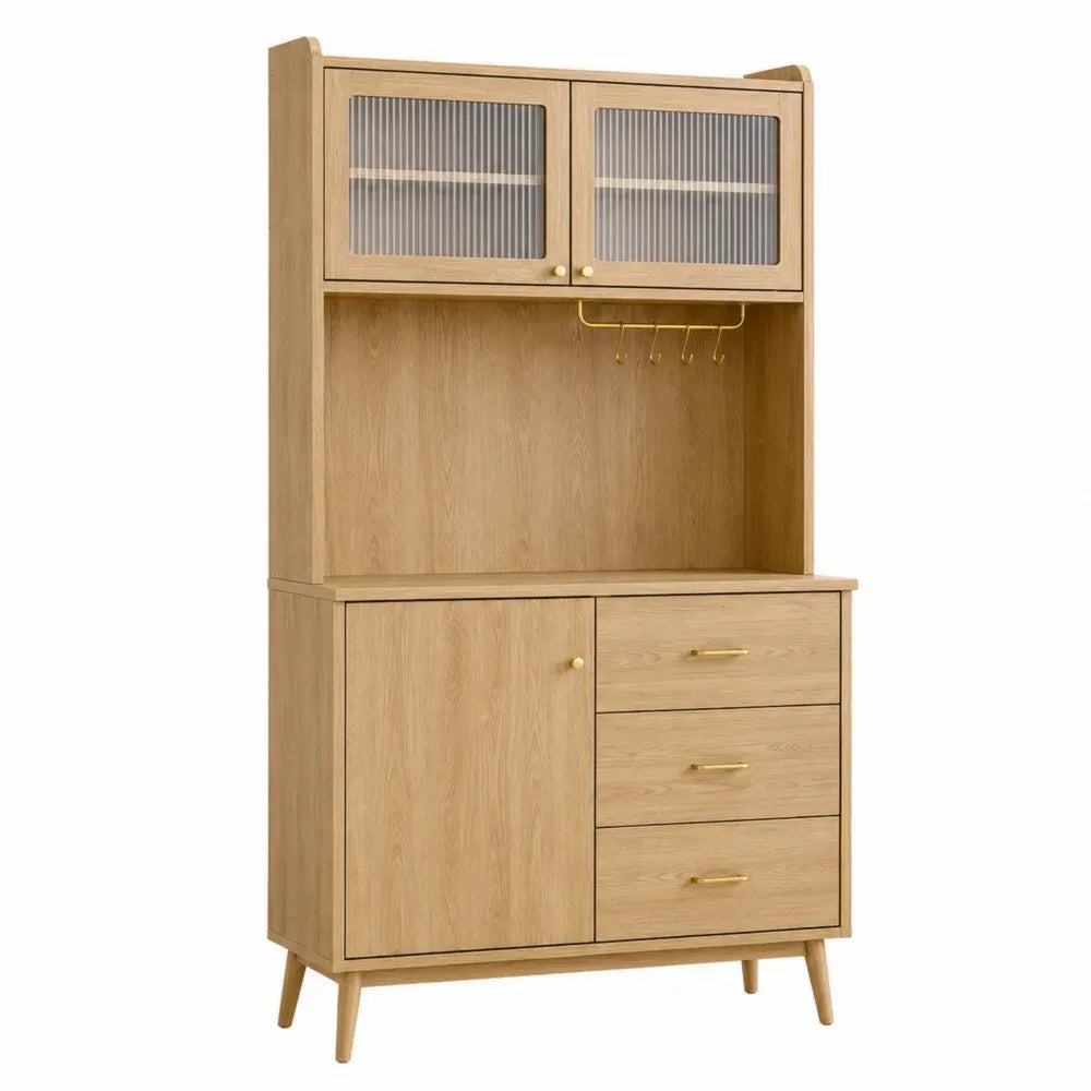 Aparador vertical de cocina y comedor de MDF con chapa roble claro vitrina de vidrio estriado patas de madera maciza 120 cm x 40 cm x 180 cm roble claro dorado
