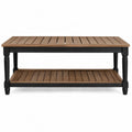 Mesa de café de exterior rectangular de madera de acacia marrón y estructura negra con estante inferior 120 x 60 x 45 cm