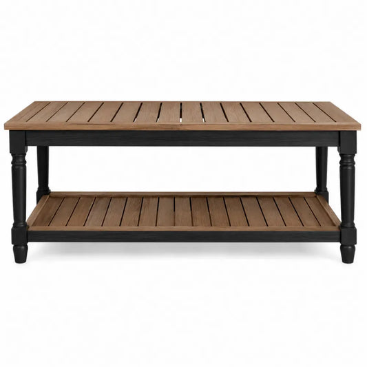Mesa de café de exterior rectangular de madera de acacia marrón y estructura negra con estante inferior 120 x 60 x 45 cm