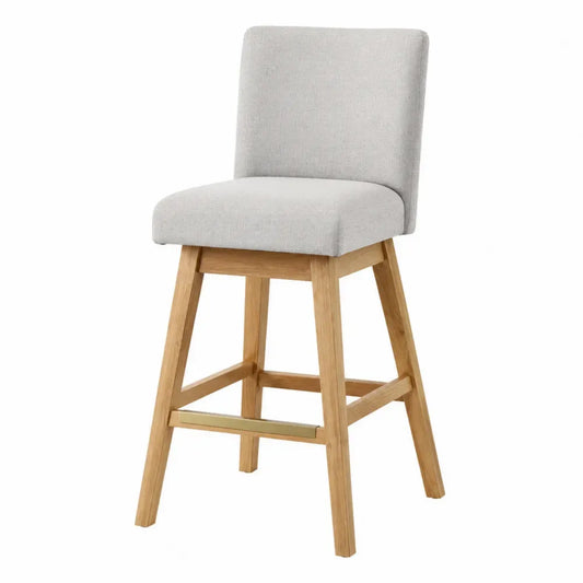 Taburete de bar con respaldo rectangular asiento acolchado tela gris claro estructura de madera natural y reposapiés dorado 45 x 50 x 95 cm