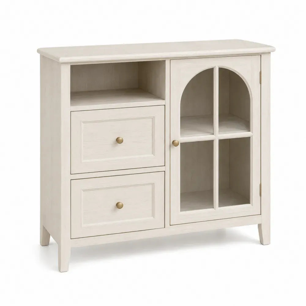 Aparador de MDF con puerta de vidrio transparente y cajones acabado crema blanco roto patas de madera maciza 100 cm x 40 cm x 130 cm crema dorado