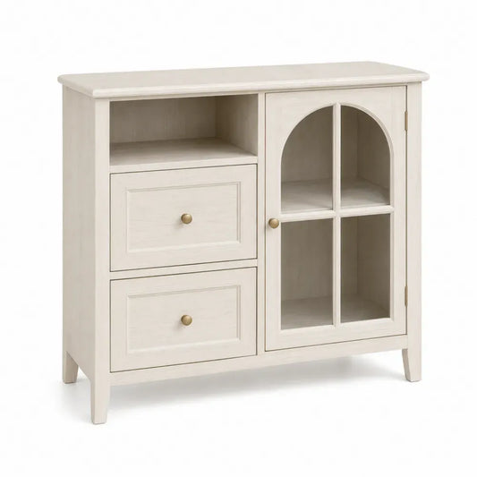 Aparador de MDF con puerta de vidrio transparente y cajones acabado crema blanco roto patas de madera maciza 100 cm x 40 cm x 130 cm crema dorado