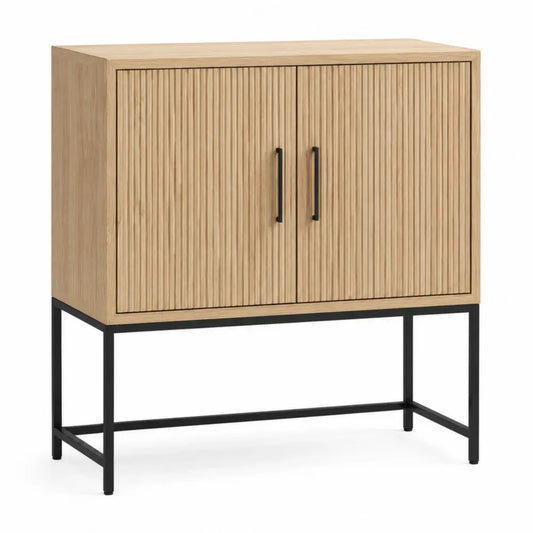 Aparador rectangular con 2 puertas MDF acabado roble claro frentes estriados y estructura metálica negra 120 x 40 x 80 cm