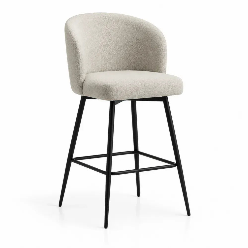 Taburete de bar con respaldo tapizado en tejido beige estructura metálica negra con reposapiés asiento acolchado 45 cm x 50 cm x altura no especificada