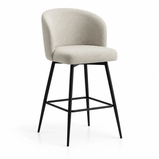 Taburete de bar con respaldo tapizado en tejido beige estructura metálica negra con reposapiés asiento acolchado 45 cm x 50 cm x altura no especificada