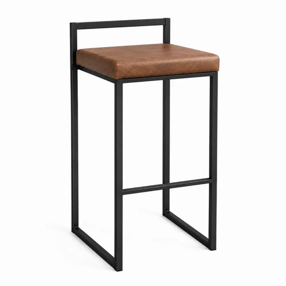 Taburete de bar con respaldo bajo asiento tapizado marrón estructura metálica negra estilo industrial 40 x 40 x 75 cm
