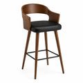 Taburete de bar con respaldo curvo y reposabrazos asiento acolchado negro estructura de madera marrón y reposapiés negro 50 x 55 x 95 cm