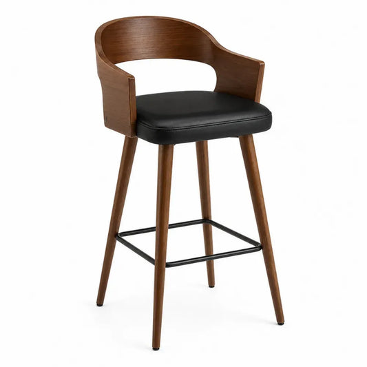 Taburete de bar con respaldo curvo y reposabrazos asiento acolchado negro estructura de madera marrón y reposapiés negro 50 x 55 x 95 cm