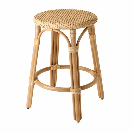 Taburete de bar de ratán natural con estructura de bambú macizo asiento redondo trenzado color natural 65 cm de altura