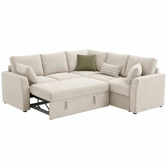 sofá cama esquinero en L de 260 cm tapizado en tejido beige con chaise longue estructura de madera contrachapada sistema extensible y almacenamiento