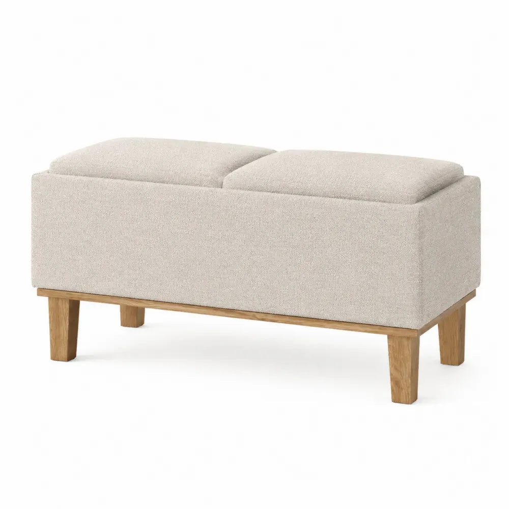 banco con almacenamiento tapizado en tejido beige con tapa abatible y estructura de madera patas de madera diseño moderno sin dimensiones especificadas
