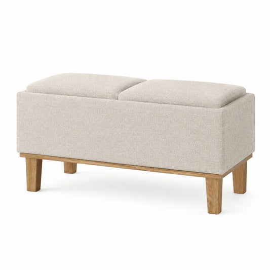 banco con almacenamiento tapizado en tejido beige con tapa abatible y estructura de madera patas de madera diseño moderno sin dimensiones especificadas