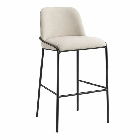 Taburete de bar con respaldo acolchado asiento tapizado beige estructura tubular de acero negro y reposapiés 45 x 48 x 95 cm
