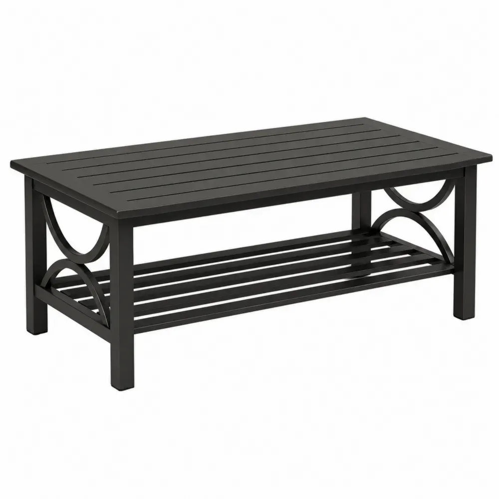 mesa de café de exterior rectangular acero con recubrimiento en polvo negro 110 cm x 60 cm x 45 cm con estante inferior de lamas negro