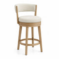Taburete de bar de madera natural con respaldo tapizado beige asiento acolchado reposapiés circular altura no especificada