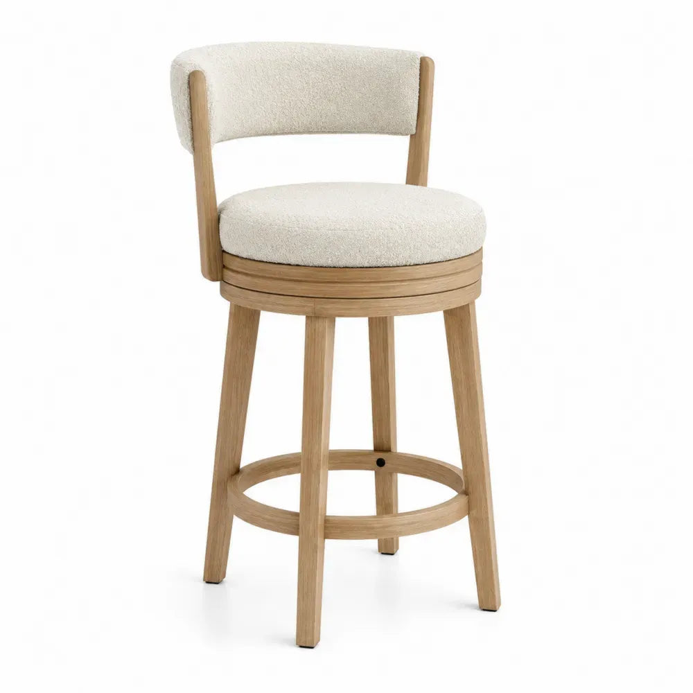 Taburete de bar de madera natural con respaldo tapizado beige asiento acolchado reposapiés circular altura no especificada