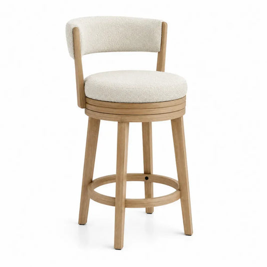 Taburete de bar de madera natural con respaldo tapizado beige asiento acolchado reposapiés circular altura no especificada