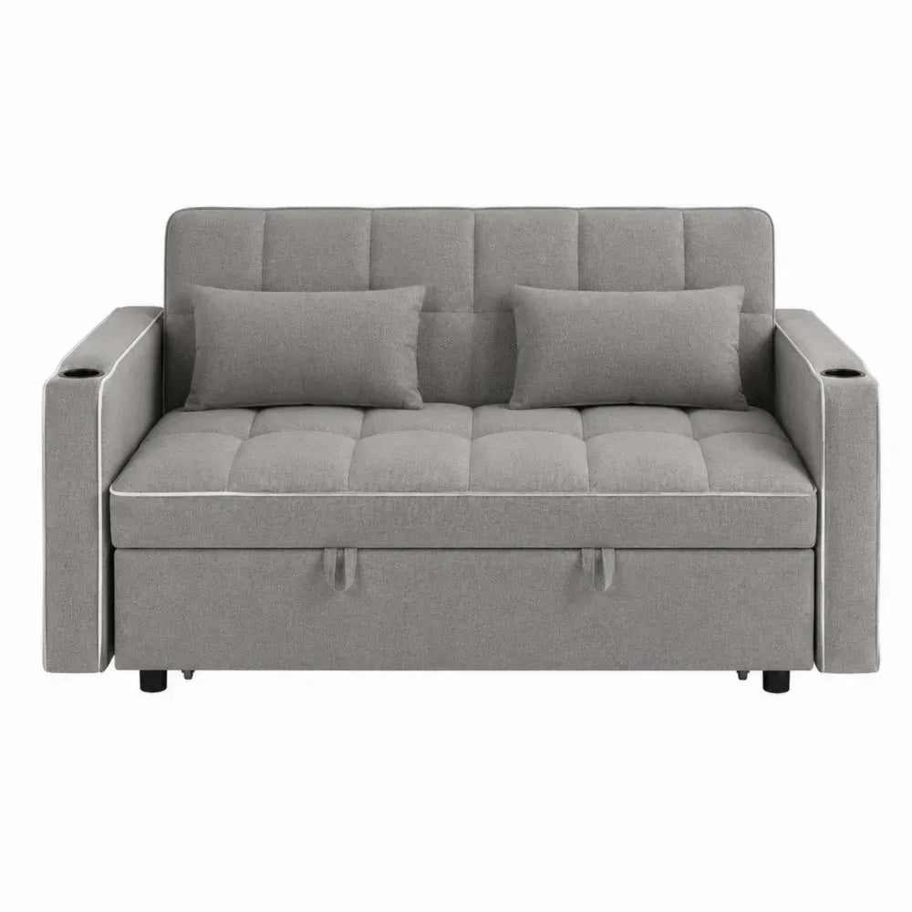 sofá cama de dos plazas con almacenamiento y portavasos tapizado en tejido de poliéster color gris estructura de madera contrachapada y acero 180 cm longitud