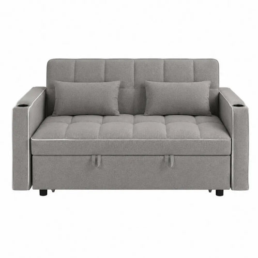 sofá cama de dos plazas con almacenamiento y portavasos tapizado en tejido de poliéster color gris estructura de madera contrachapada y acero 180 cm longitud