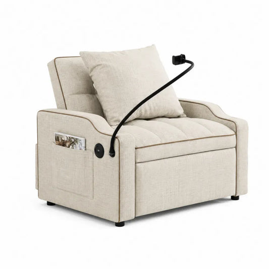 Sillón cama individual tapizado en poliéster beige 90 x 95 x 100 cm con bolsillo lateral y soporte flexible negro
