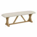 banco tapizado en tejido beige con estructura de madera maciza de roble y base cruzada en X sin dimensiones especificadas